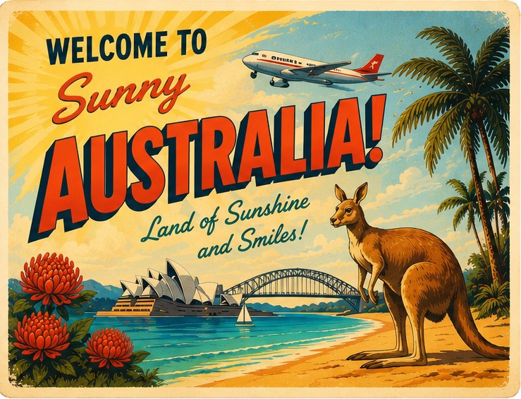 Retro travel postcard illustration of Australia