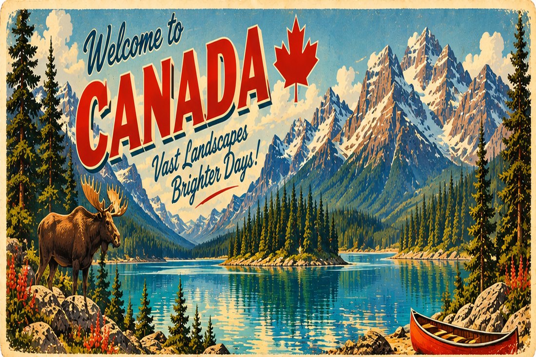 Retro travel postcard illustration of Canada