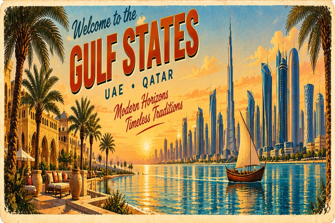 Retro travel postcard illustration of the Gulf