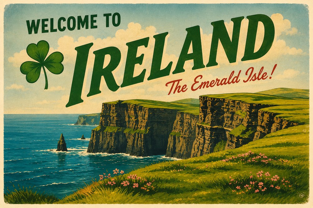 Retro travel postcard illustration of Ireland
