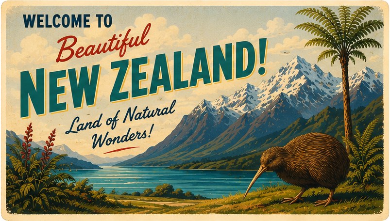 Retro travel postcard illustration of New Zealand