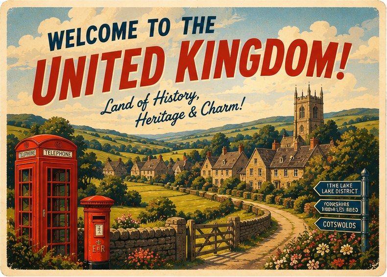 Retro travel postcard illustration of the United Kingdom