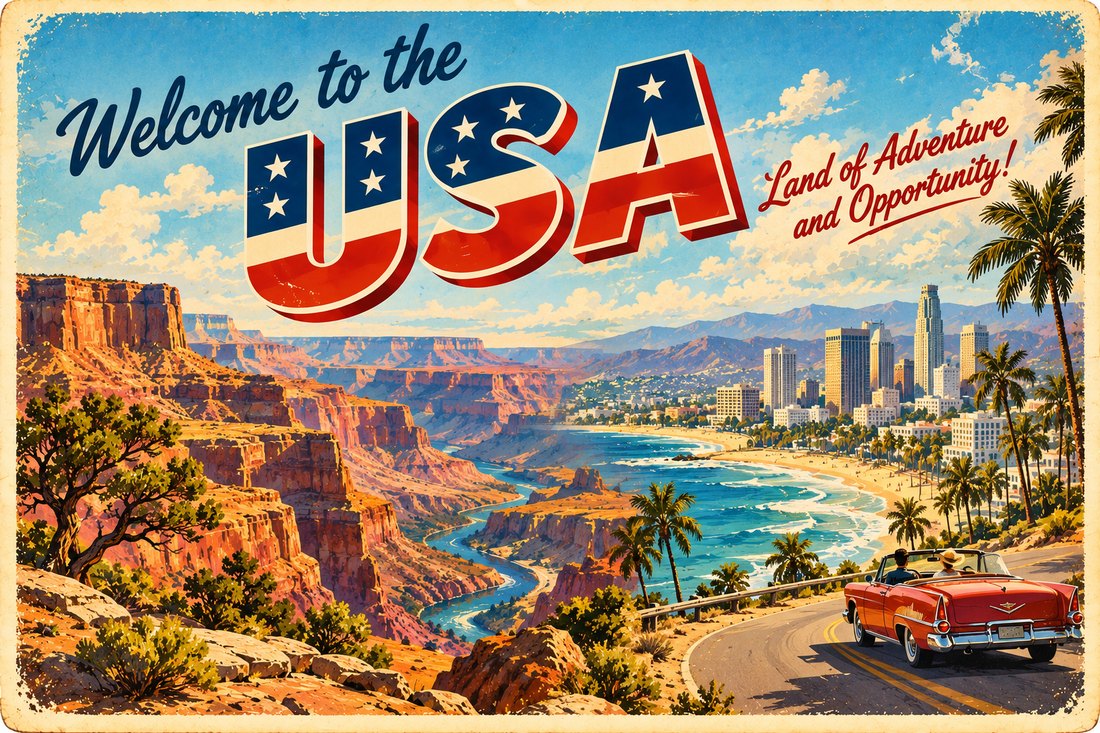 Retro travel postcard illustration of the United States